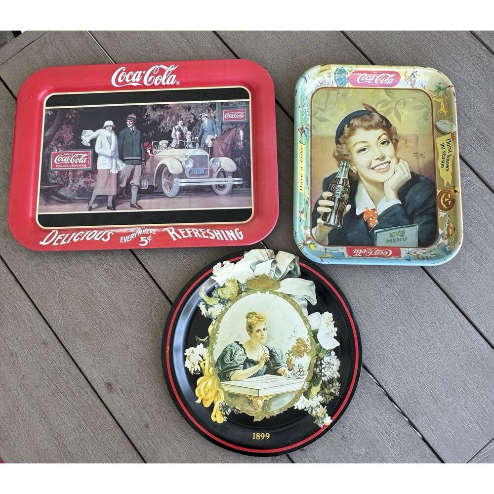 Vintage Coca Cola serving trays Lot Of 3 Metal Menu Girl Touring Car Hilda Clark